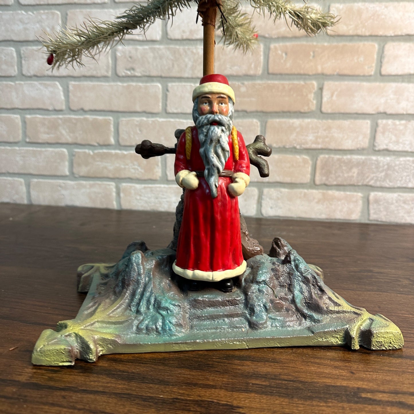 Antique Cast-Iron Santa Christmas Tree Stand w/  20" Feather Tree 2FT