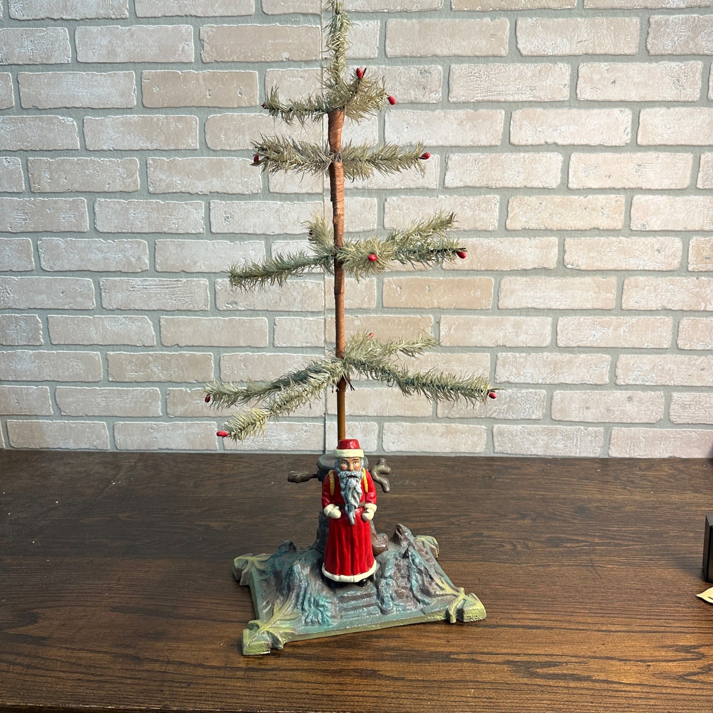 Antique Cast-Iron Santa Christmas Tree Stand w/  20" Feather Tree 2FT