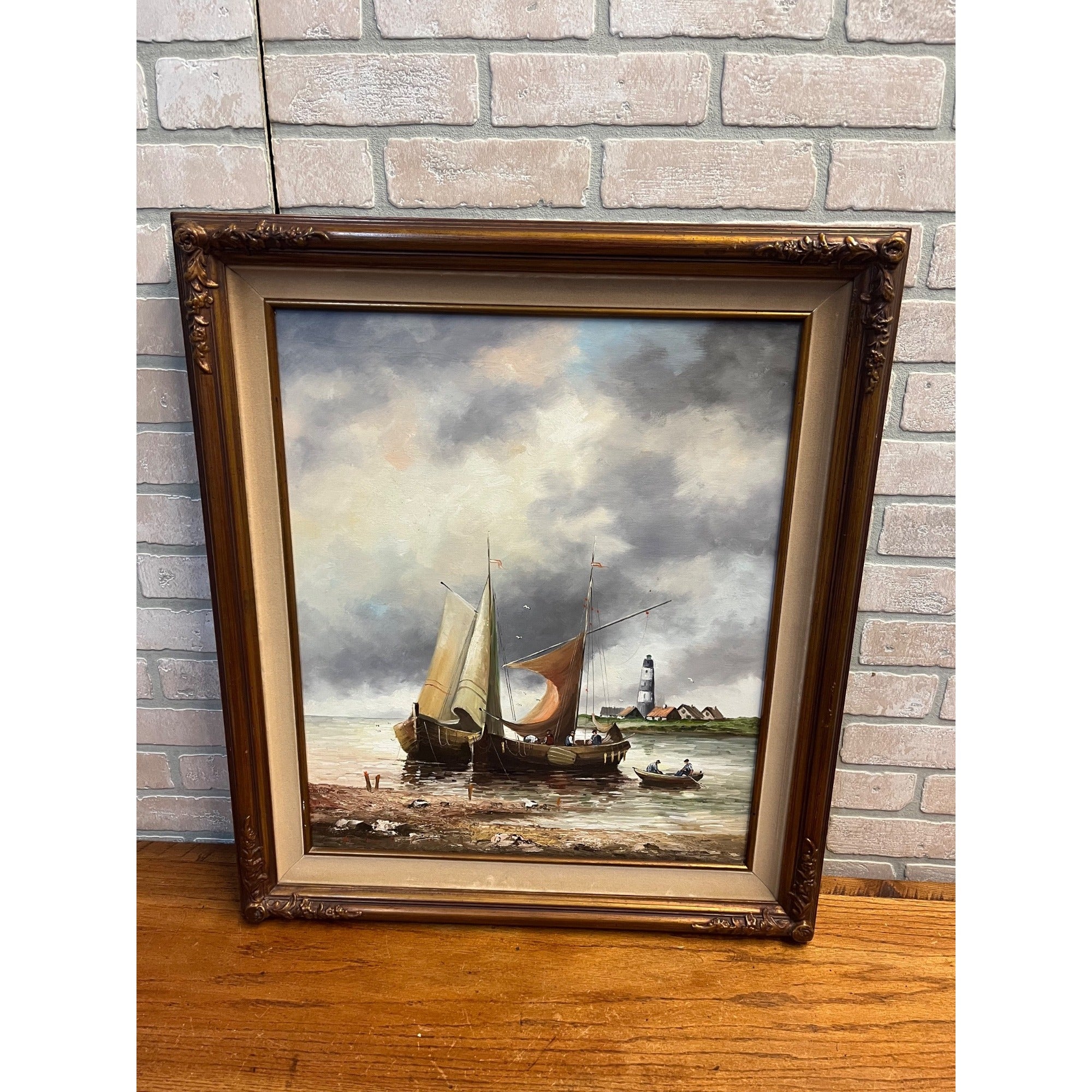 Vintage Large Signed Oil Painting Dutch Harbor Fishing Boats Lighthouse Seascape Framed Canvas