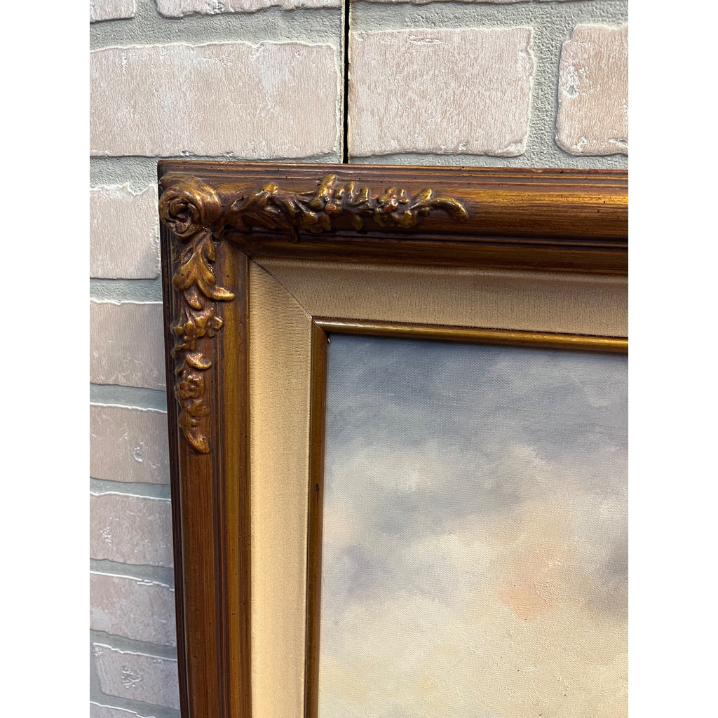 Vintage Large Signed Oil Painting Dutch Harbor Fishing Boats Lighthouse Seascape Framed Canvas