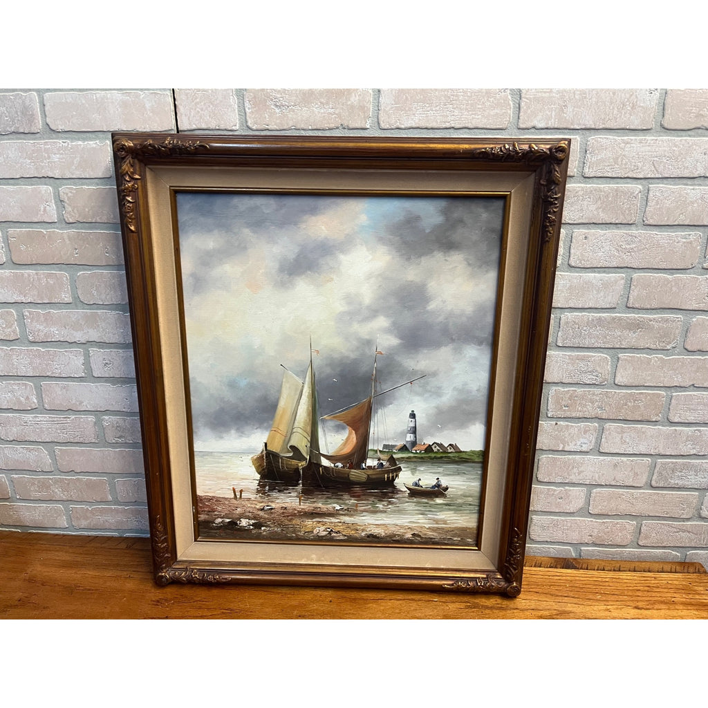 Vintage Large Signed Oil Painting Dutch Harbor Fishing Boats Lighthouse Seascape Framed Canvas
