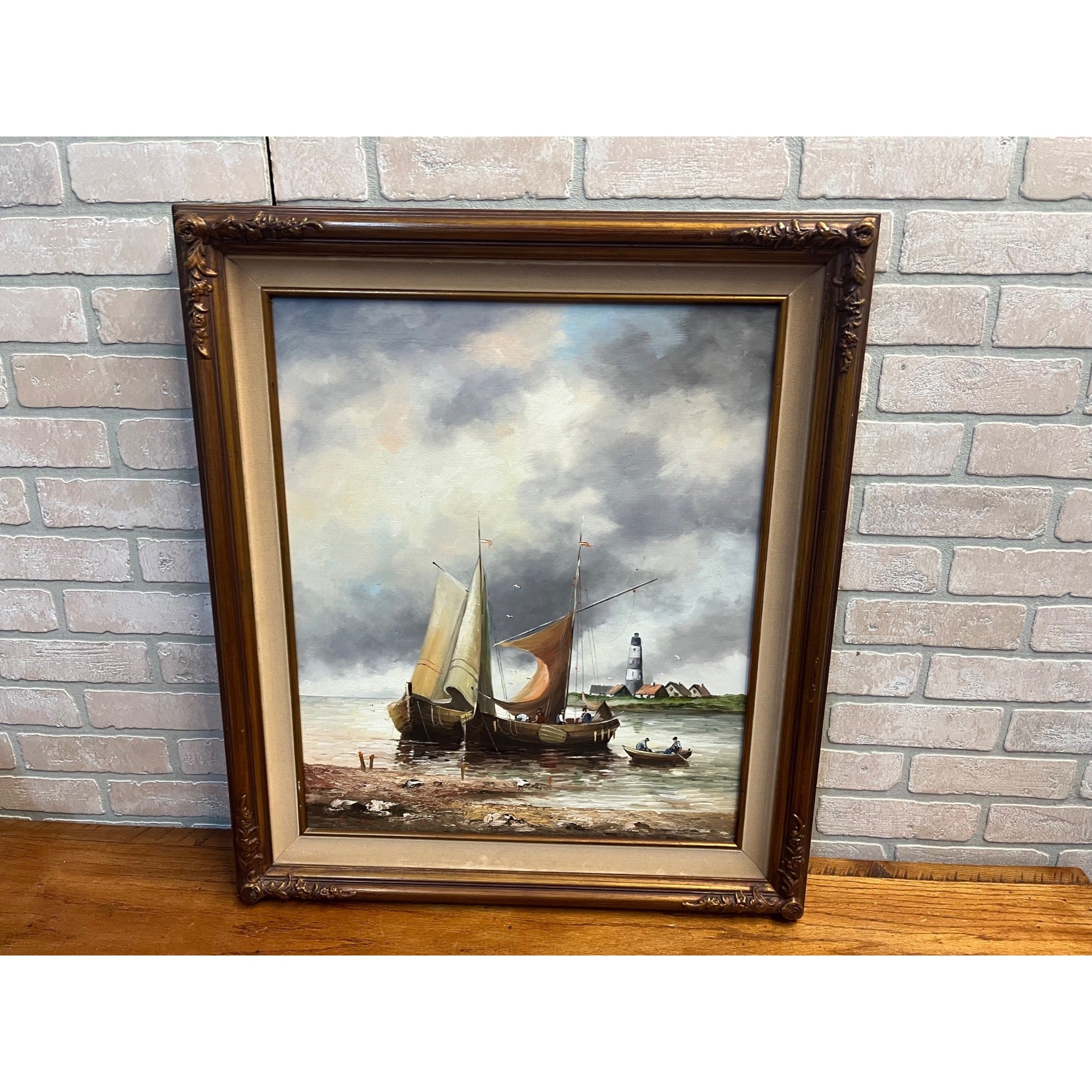 Vintage Large Signed Oil Painting Dutch Harbor Fishing Boats Lighthouse Seascape Framed Canvas