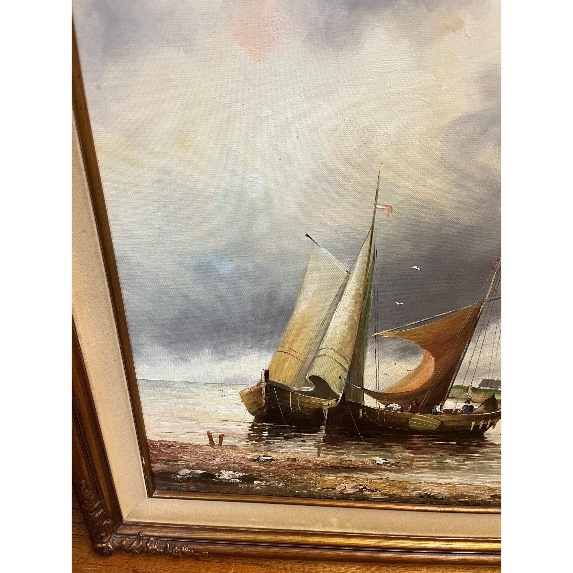 Vintage Large Signed Oil Painting Dutch Harbor Fishing Boats Lighthouse Seascape Framed Canvas