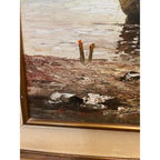 Vintage Large Signed Oil Painting Dutch Harbor Fishing Boats Lighthouse Seascape Framed Canvas