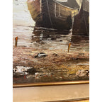 Vintage Large Signed Oil Painting Dutch Harbor Fishing Boats Lighthouse Seascape Framed Canvas