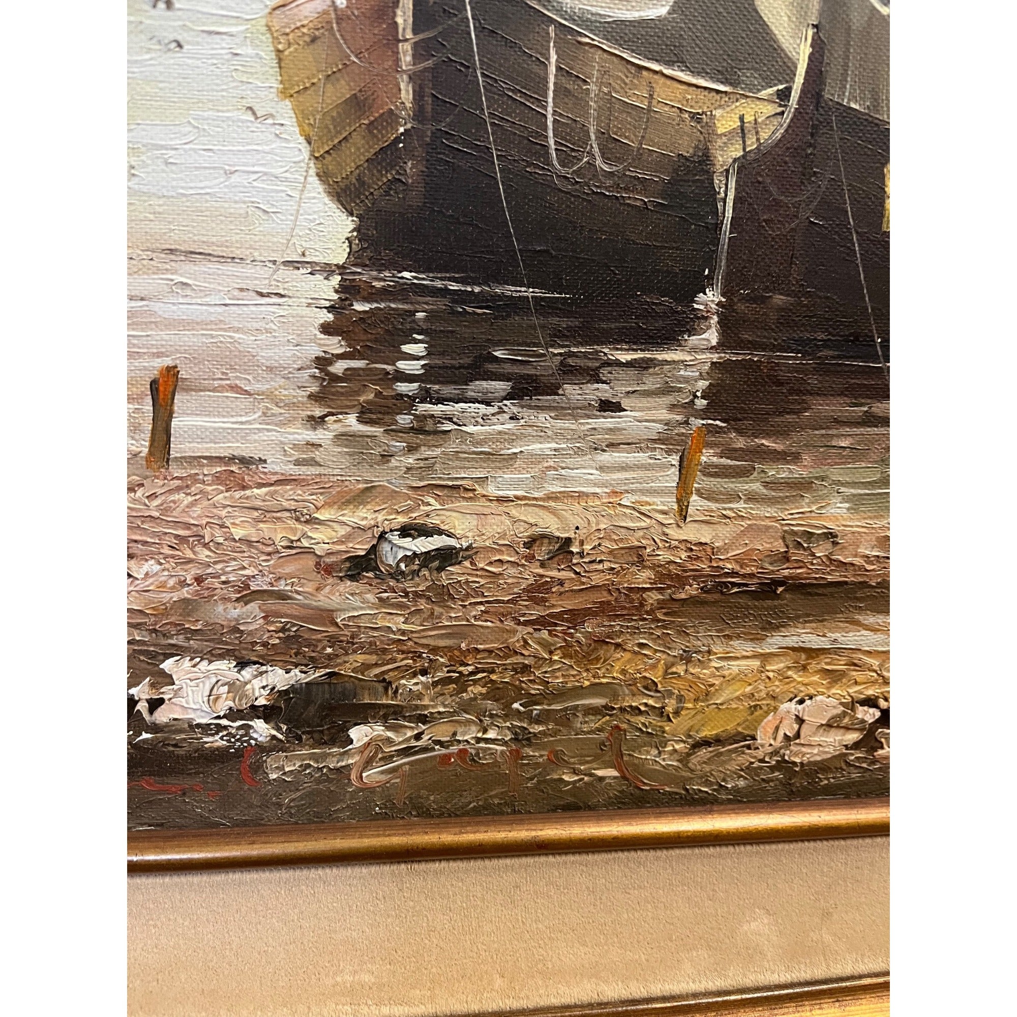 Vintage Large Signed Oil Painting Dutch Harbor Fishing Boats Lighthouse Seascape Framed Canvas