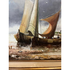 Vintage Large Signed Oil Painting Dutch Harbor Fishing Boats Lighthouse Seascape Framed Canvas