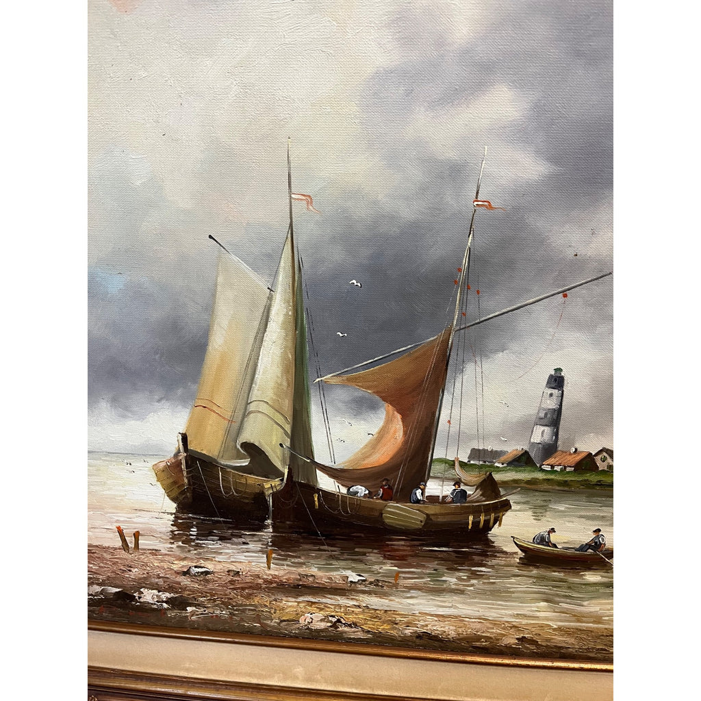 Vintage Large Signed Oil Painting Dutch Harbor Fishing Boats Lighthouse Seascape Framed Canvas
