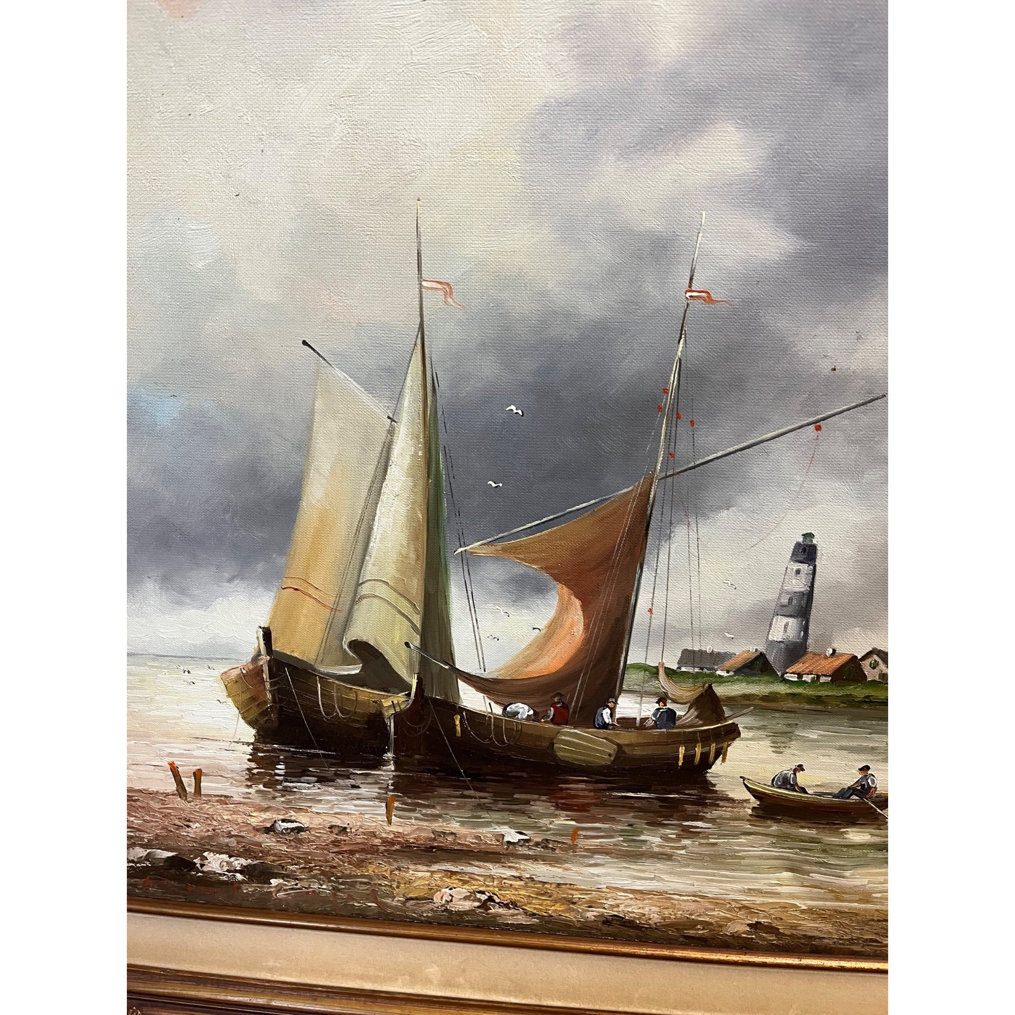 Vintage Large Signed Oil Painting Dutch Harbor Fishing Boats Lighthouse Seascape Framed Canvas