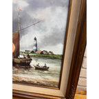 Vintage Large Signed Oil Painting Dutch Harbor Fishing Boats Lighthouse Seascape Framed Canvas