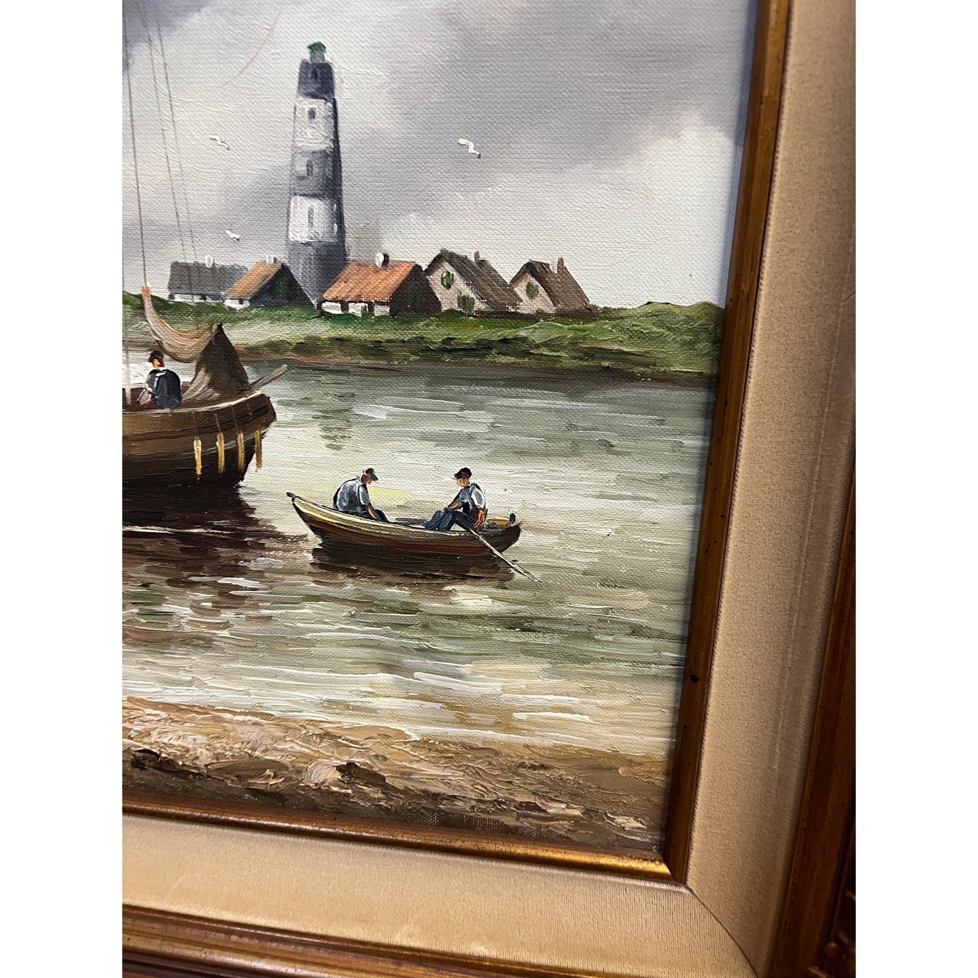 Vintage Large Signed Oil Painting Dutch Harbor Fishing Boats Lighthouse Seascape Framed Canvas