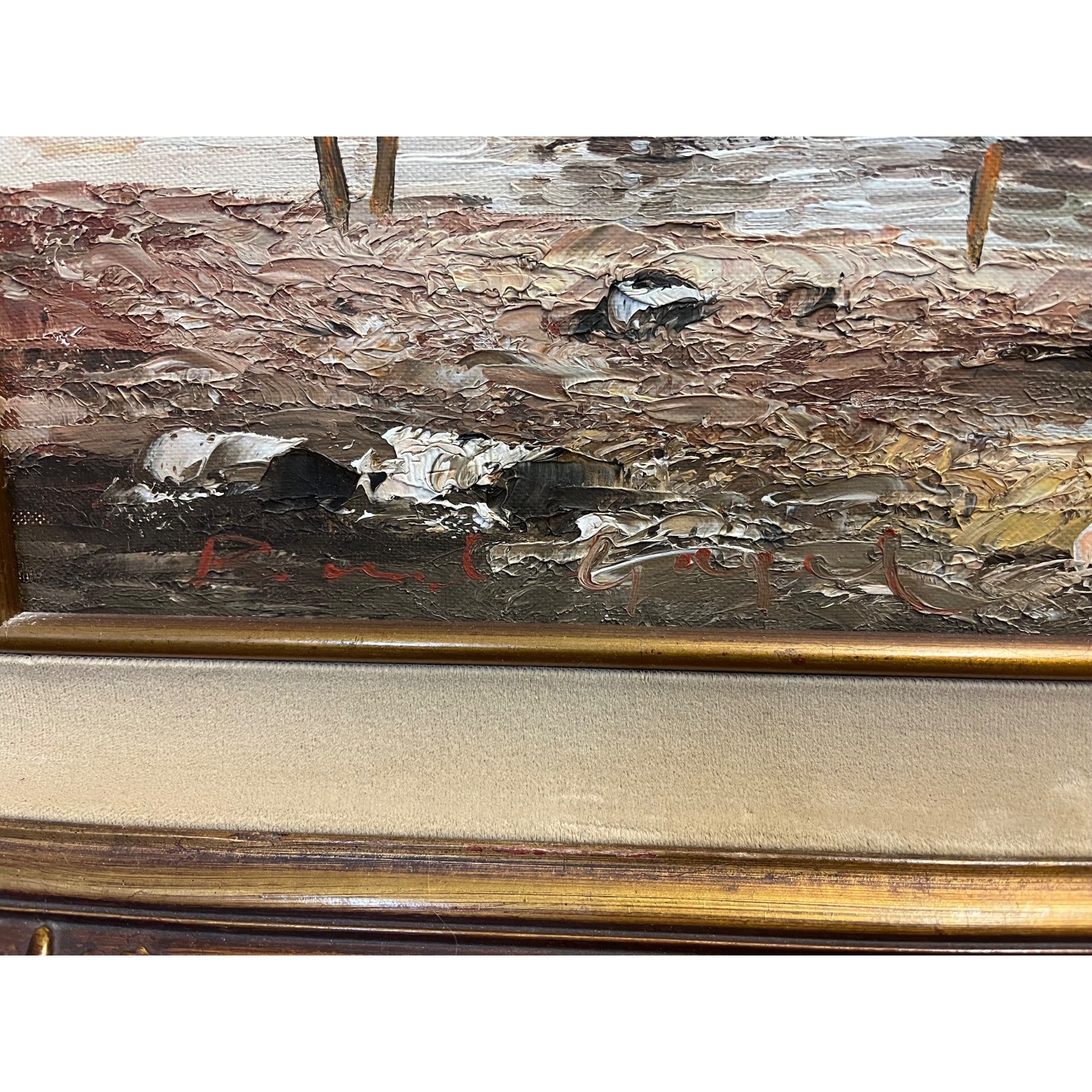 Vintage Large Signed Oil Painting Dutch Harbor Fishing Boats Lighthouse Seascape Framed Canvas