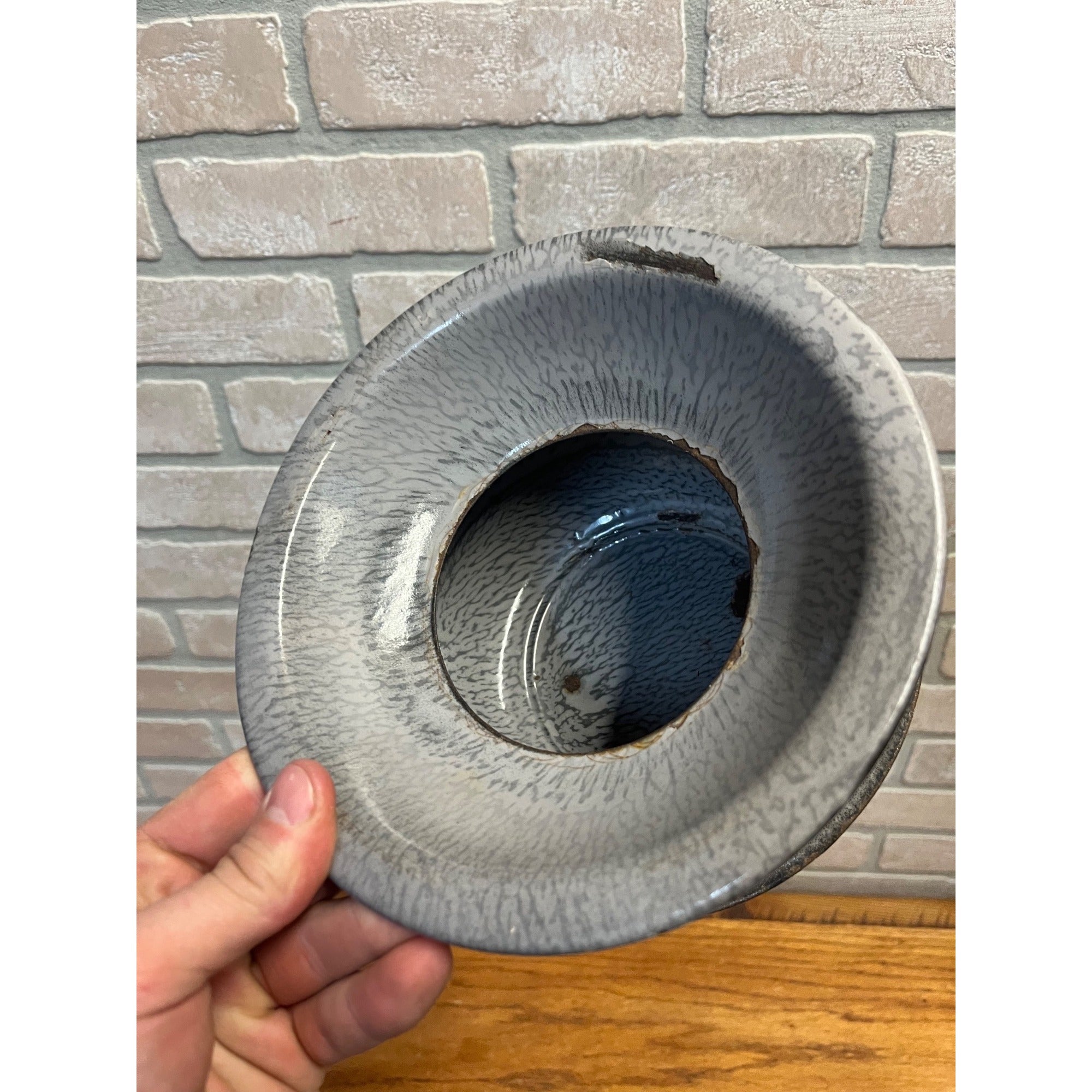 Antique Primitive Grey Graniteware Enamelware Spittoon Saloon Bar Farmhouse Kitchen Decor