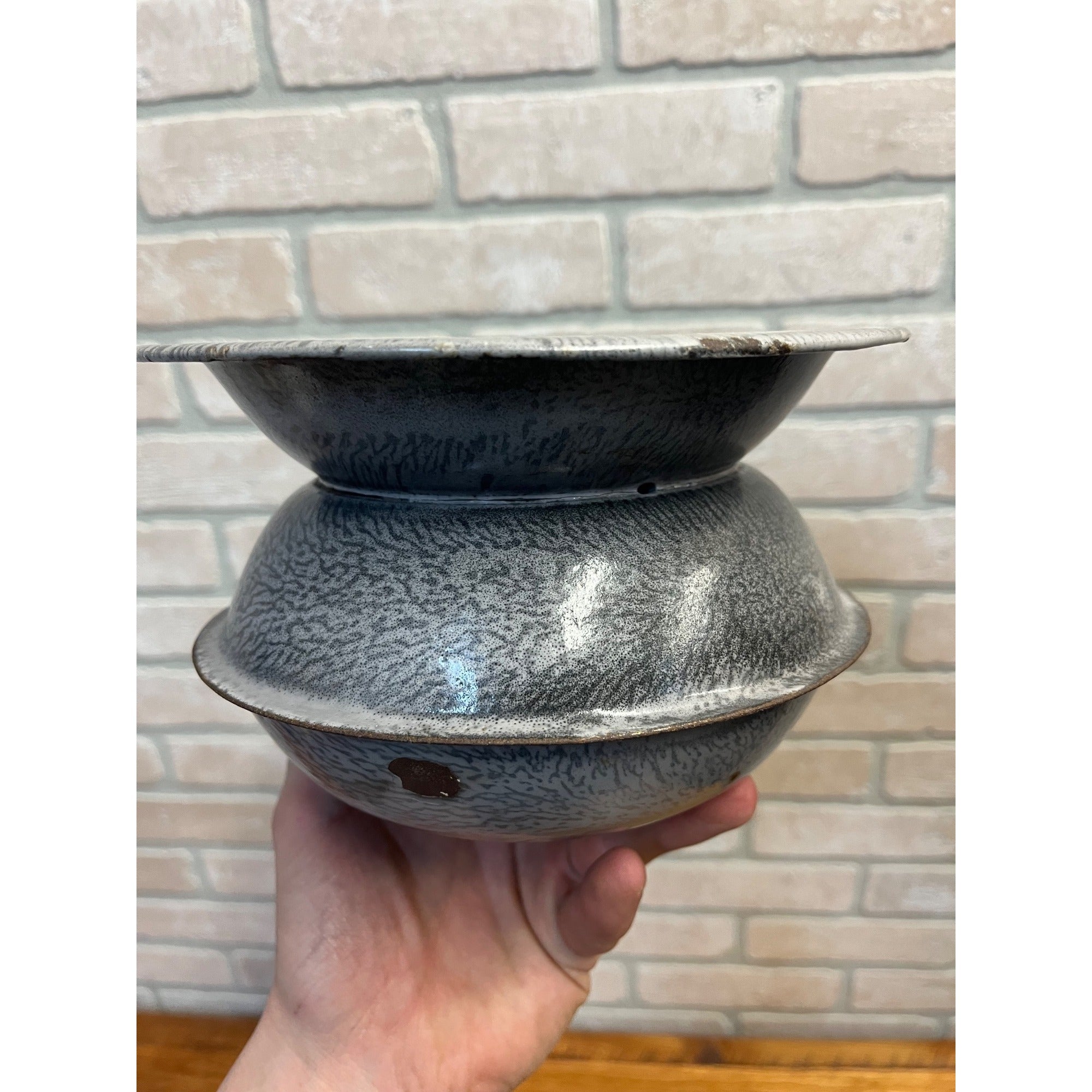 Antique Primitive Grey Graniteware Enamelware Spittoon Saloon Bar Farmhouse Kitchen Decor