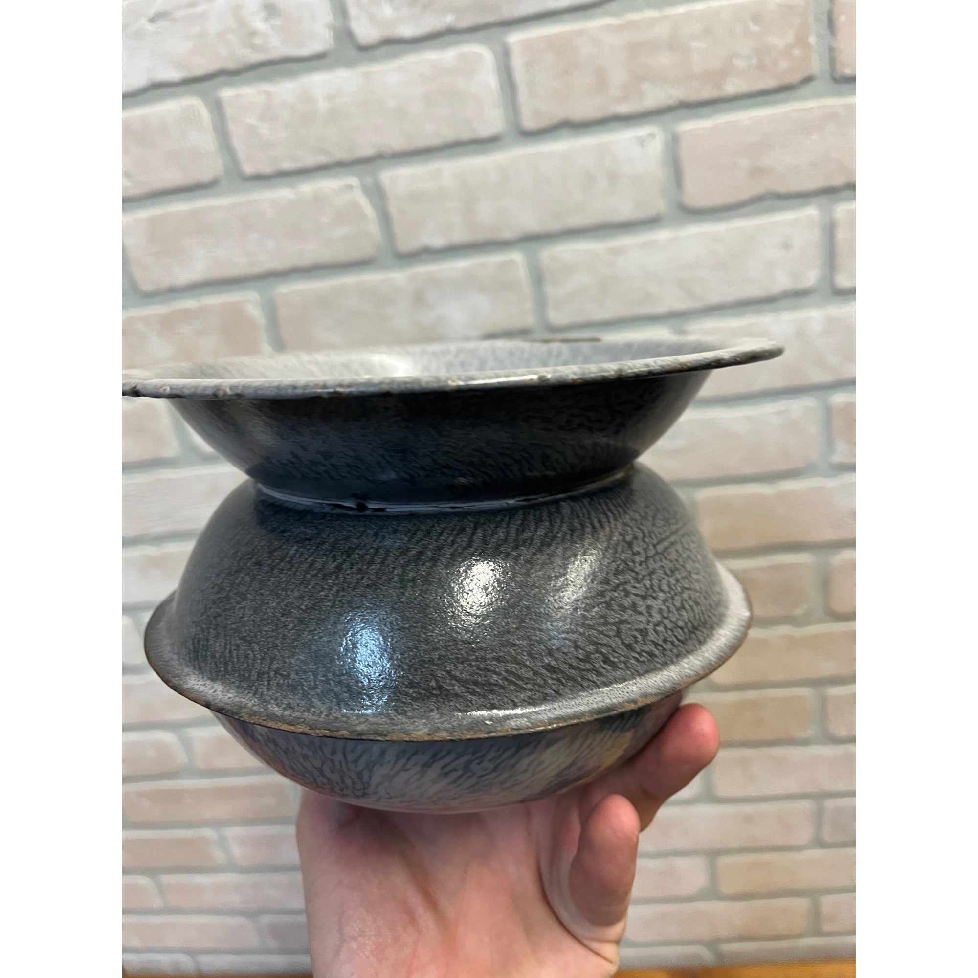 Antique Primitive Grey Graniteware Enamelware Spittoon Saloon Bar Farmhouse Kitchen Decor