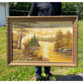 Large Vintage Original Oil Painting Signed Lohn River Lake Landscape Gold Frame