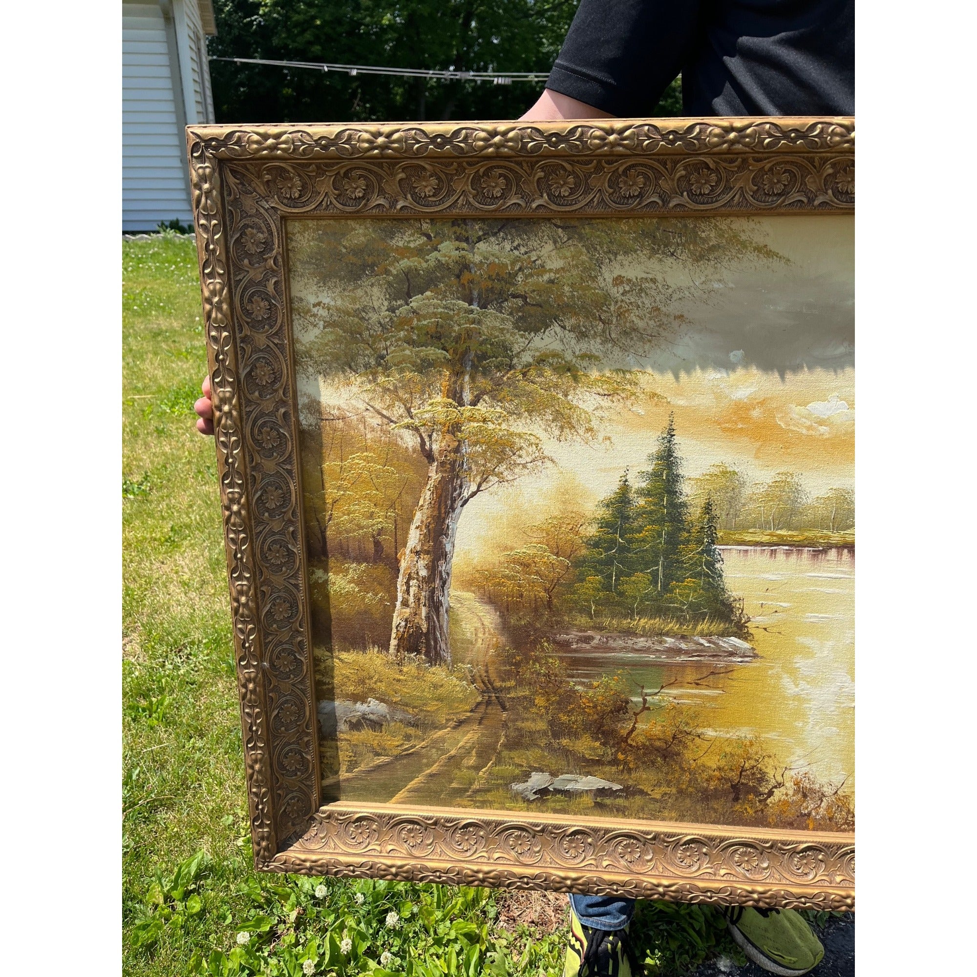 Large Vintage Original Oil Painting Signed Lohn River Lake Landscape Gold Frame