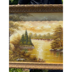 Large Vintage Original Oil Painting Signed Lohn River Lake Landscape Gold Frame