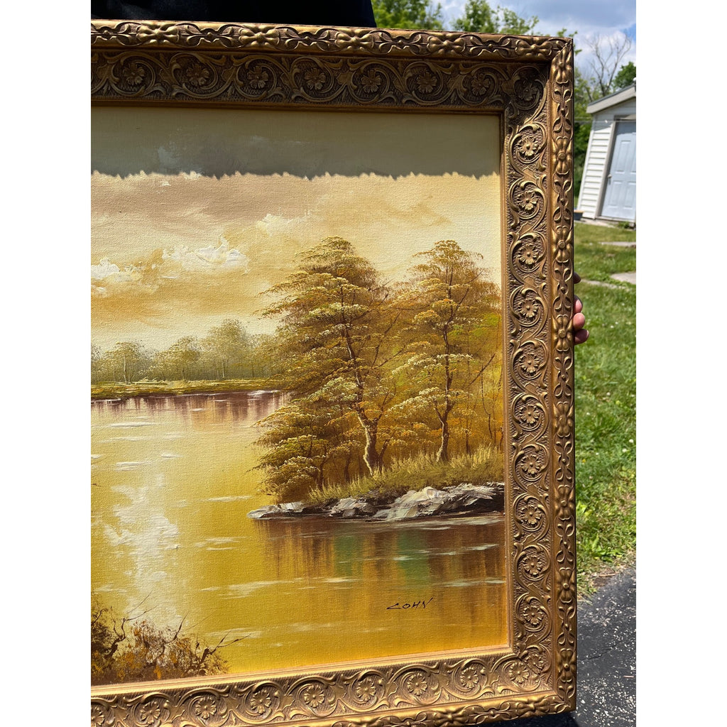 Large Vintage Original Oil Painting Signed Lohn River Lake Landscape Gold Frame
