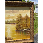 Large Vintage Original Oil Painting Signed Lohn River Lake Landscape Gold Frame