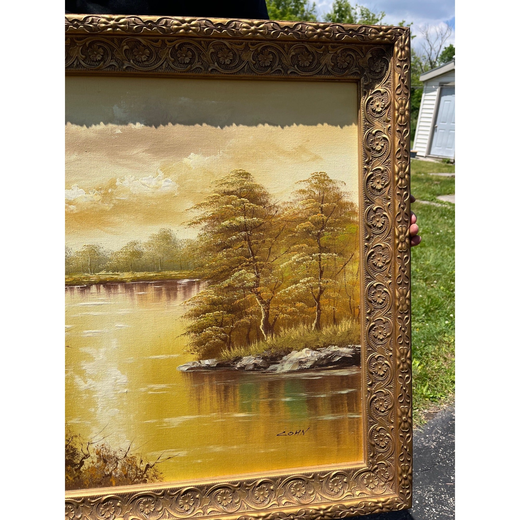 Large Vintage Original Oil Painting Signed Lohn River Lake Landscape Gold Frame