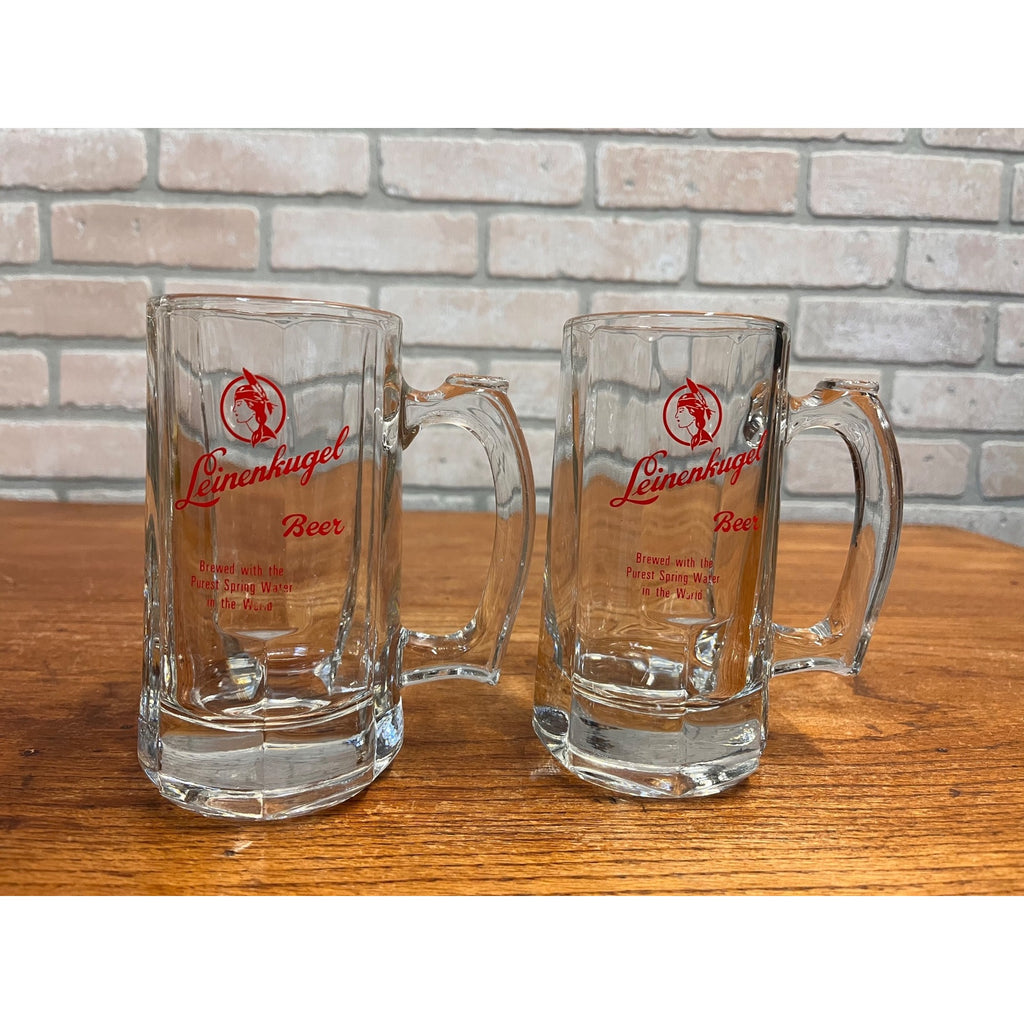 (2) VINTAGE LEINENKUGELS BEER HEAVY GLASS MUG LIBBEY THUMB HOLD 12oz