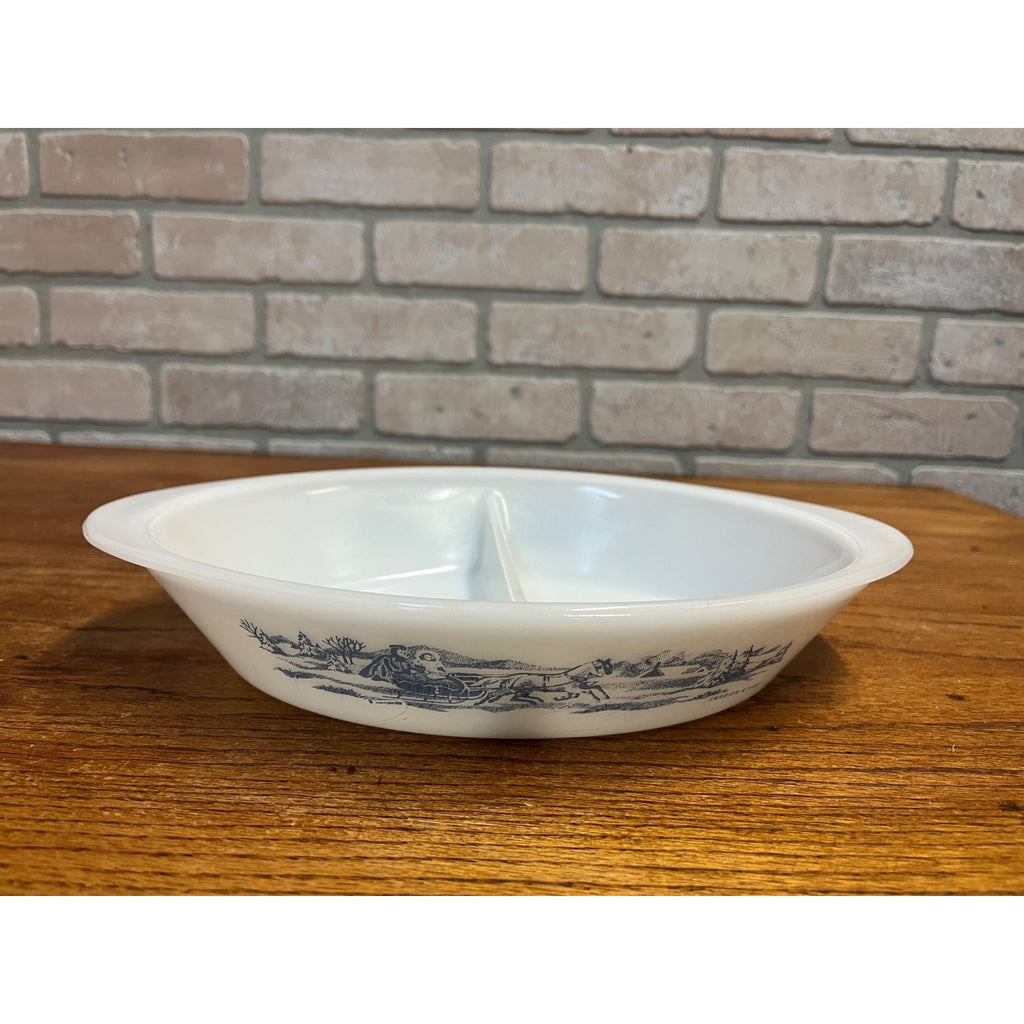 Vintage Currier & Ives Divided Baking Dish The Road in Winter Pattern Glasbake USA Milk Glass Ovenware Casserole