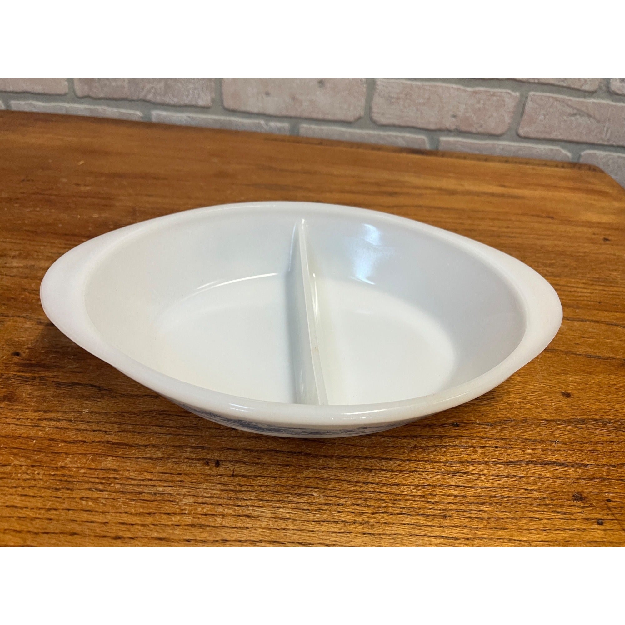 Vintage Currier & Ives Divided Baking Dish The Road in Winter Pattern Glasbake USA Milk Glass Ovenware Casserole