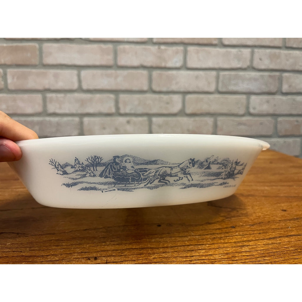 Vintage Currier & Ives Divided Baking Dish The Road in Winter Pattern Glasbake USA Milk Glass Ovenware Casserole