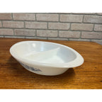 Vintage Currier & Ives Divided Baking Dish The Road in Winter Pattern Glasbake USA Milk Glass Ovenware Casserole