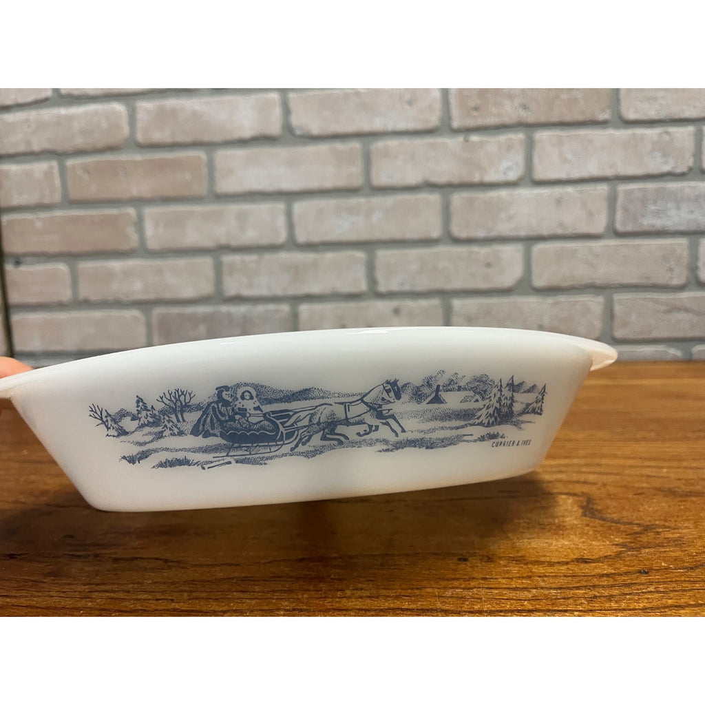 Vintage Currier & Ives Divided Baking Dish The Road in Winter Pattern Glasbake USA Milk Glass Ovenware Casserole
