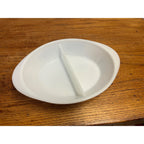 Vintage Currier & Ives Divided Baking Dish The Road in Winter Pattern Glasbake USA Milk Glass Ovenware Casserole