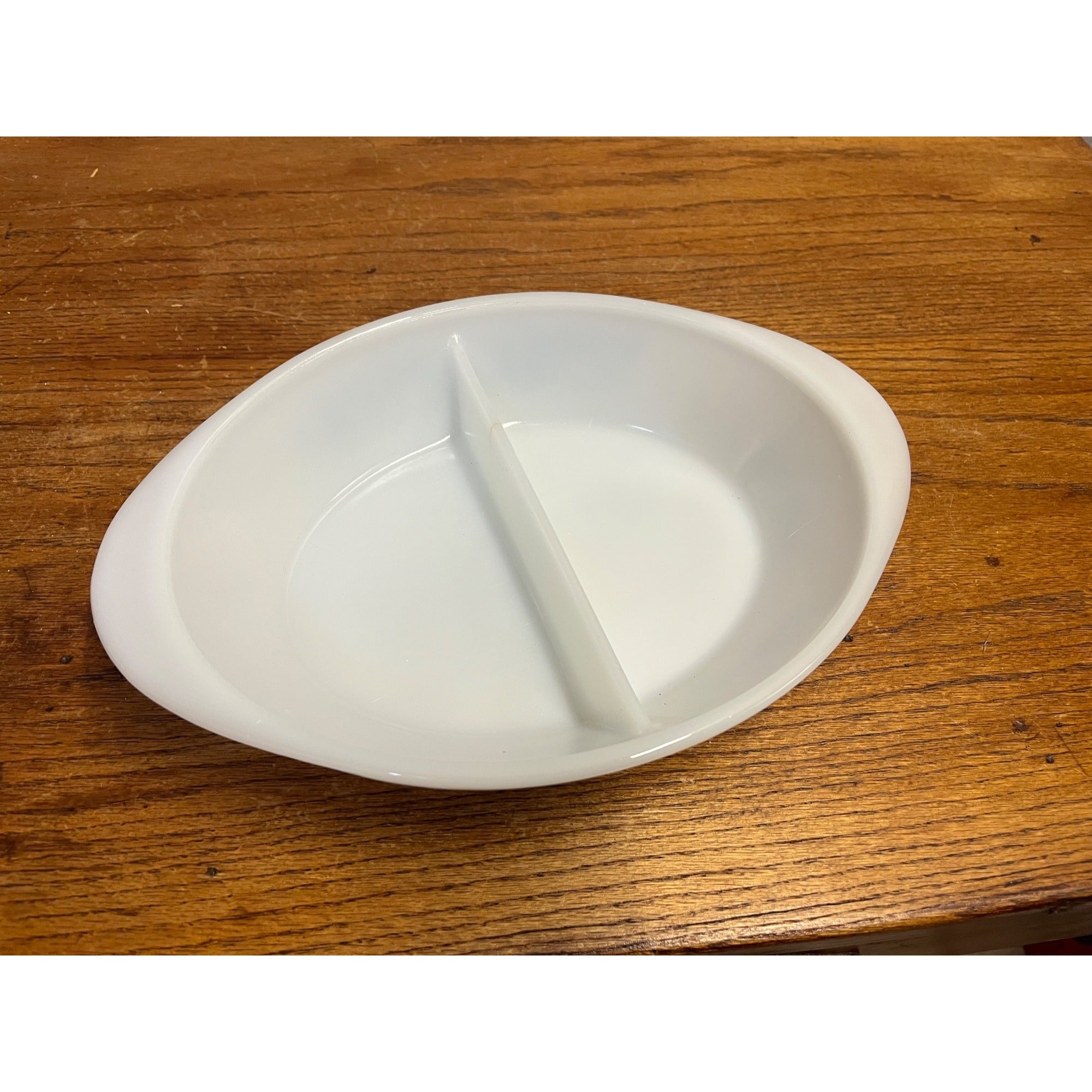 Vintage Currier & Ives Divided Baking Dish The Road in Winter Pattern Glasbake USA Milk Glass Ovenware Casserole