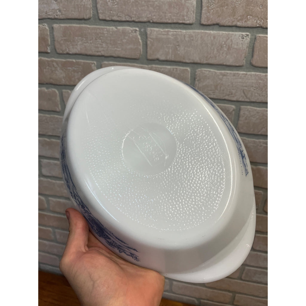 Vintage Currier & Ives Divided Baking Dish The Road in Winter Pattern Glasbake USA Milk Glass Ovenware Casserole