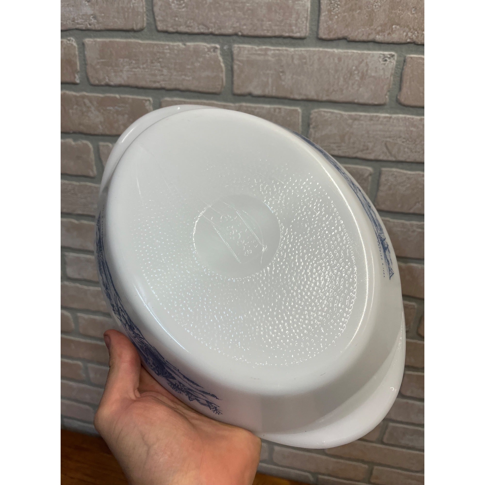 Vintage Currier & Ives Divided Baking Dish The Road in Winter Pattern Glasbake USA Milk Glass Ovenware Casserole