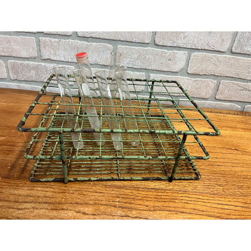 Vintage Wire Metal TEST TUBE Display Rack Rusty Green Pharmacy Decor - GREAT FOR REPURPOSE CRAFTS DECOR