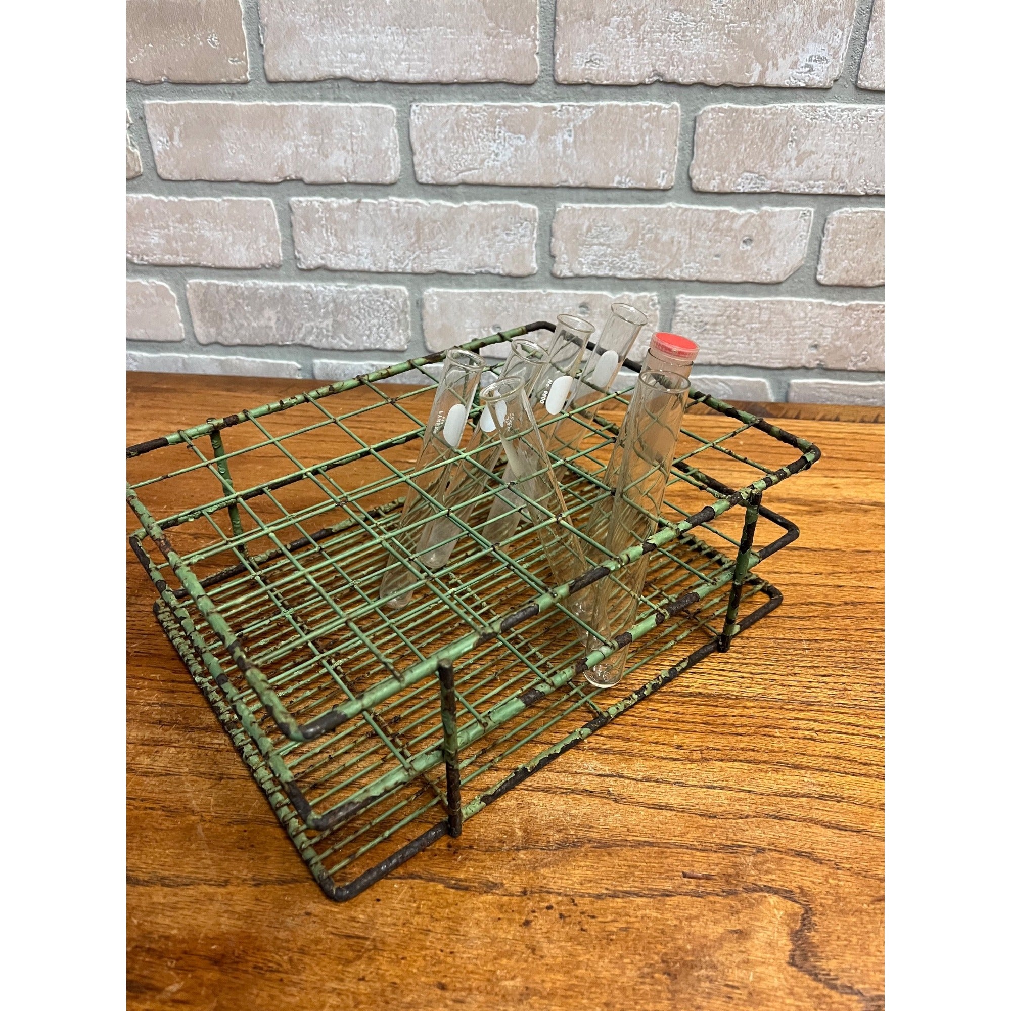 Vintage Wire Metal TEST TUBE Display Rack Rusty Green Pharmacy Decor - GREAT FOR REPURPOSE CRAFTS DECOR