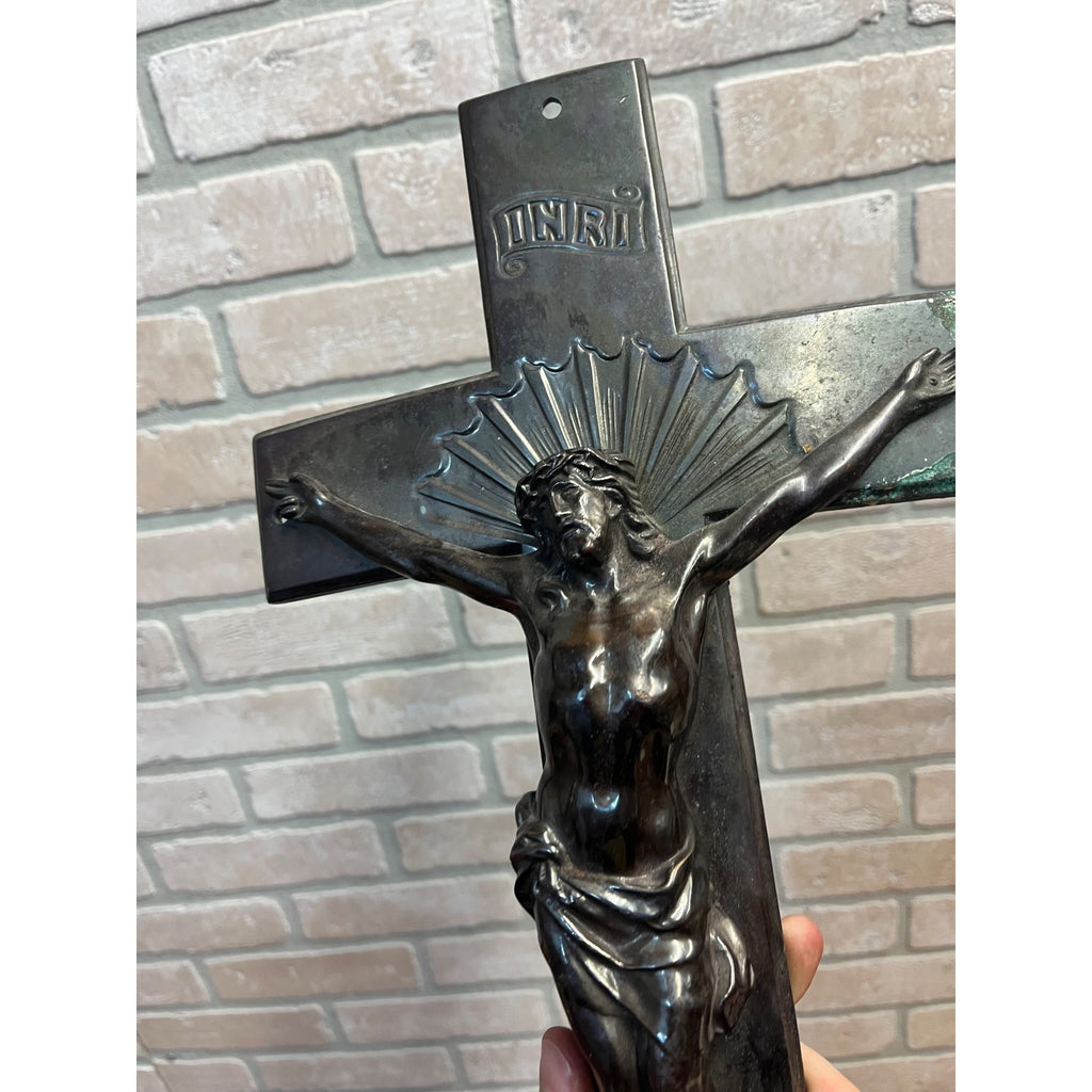 Vintage Casket Coffin Funeral Crucifix Cross Bronze Curved Back 16" Heavy