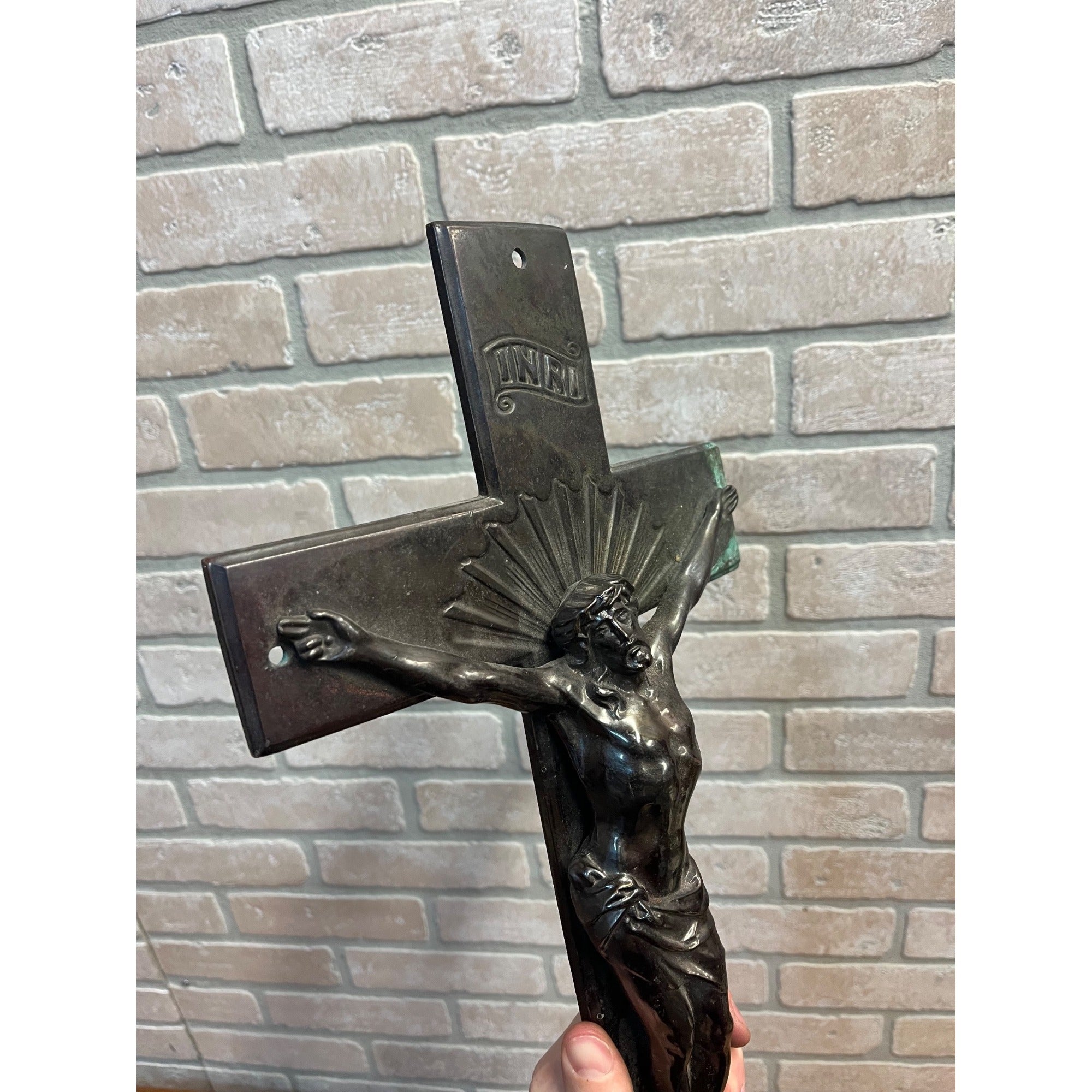 Vintage Casket Coffin Funeral Crucifix Cross Bronze Curved Back 16" Heavy