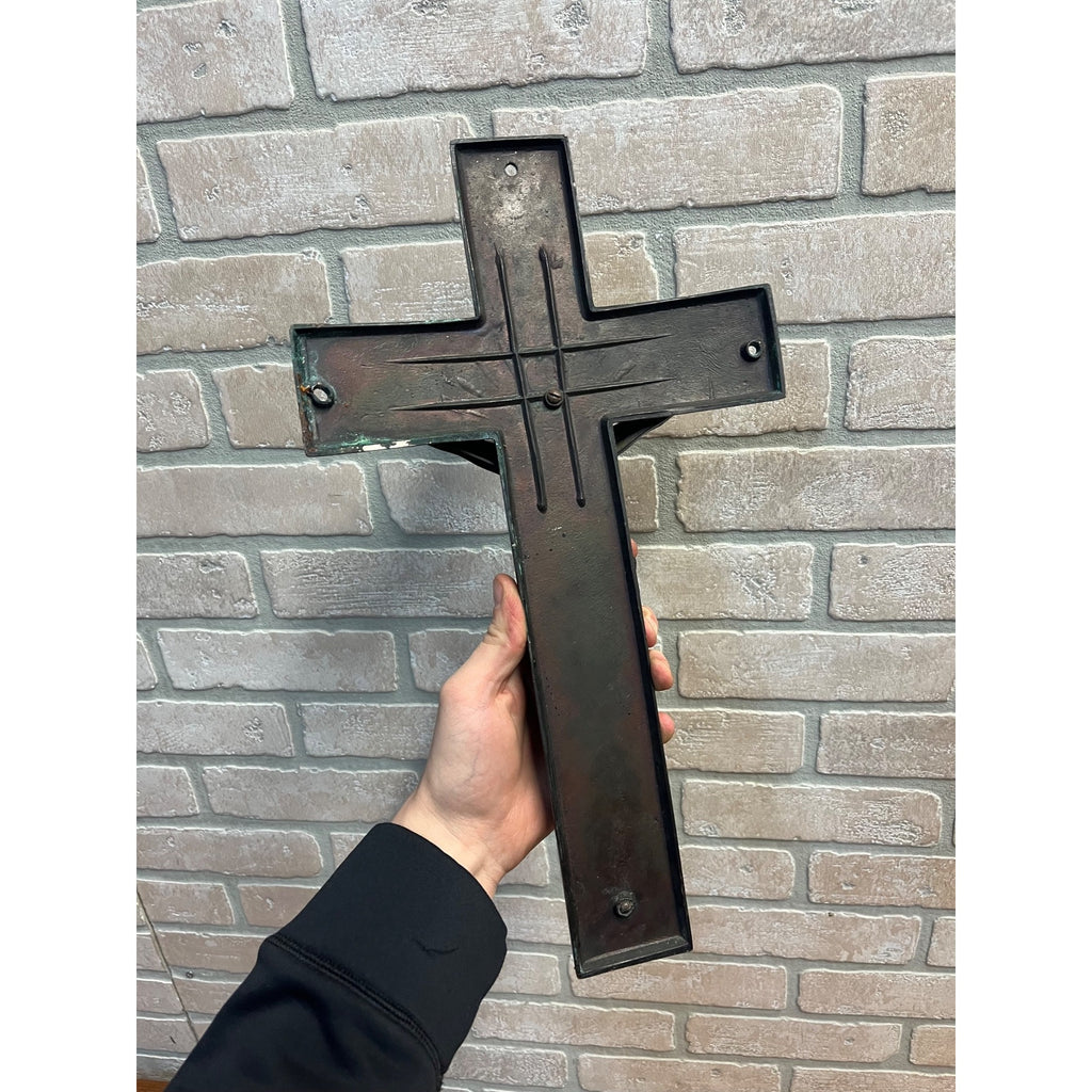Vintage Casket Coffin Funeral Crucifix Cross Bronze Curved Back 16" Heavy