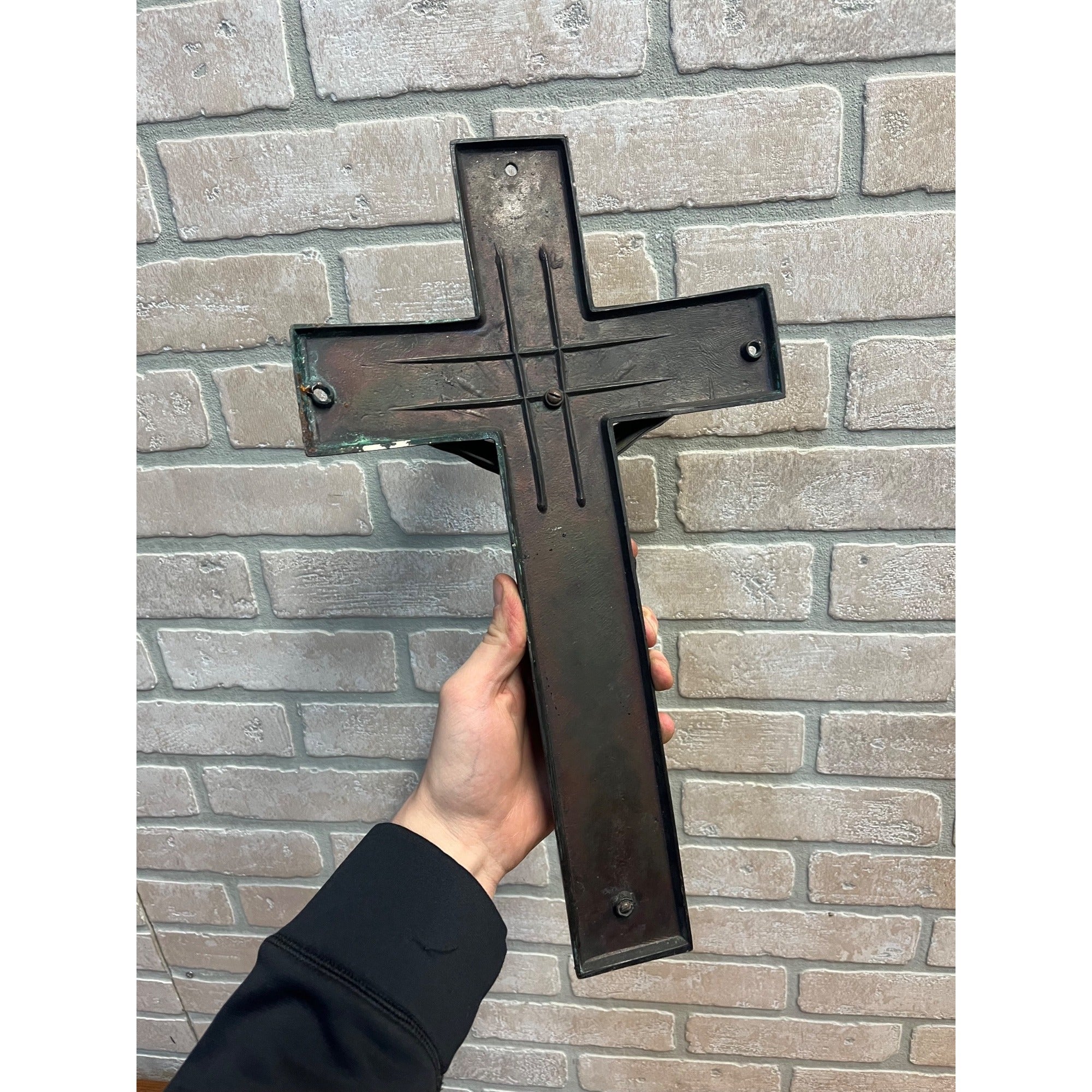 Vintage Casket Coffin Funeral Crucifix Cross Bronze Curved Back 16" Heavy