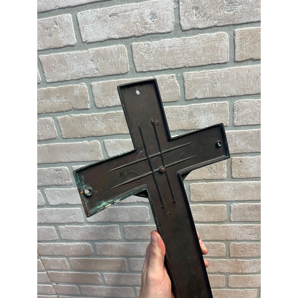 Vintage Casket Coffin Funeral Crucifix Cross Bronze Curved Back 16" Heavy