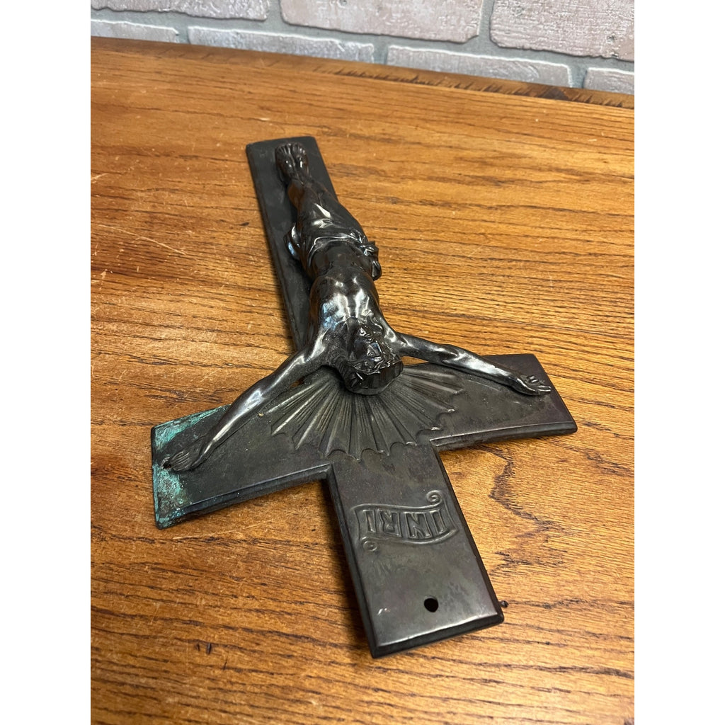 Vintage Casket Coffin Funeral Crucifix Cross Bronze Curved Back 16" Heavy