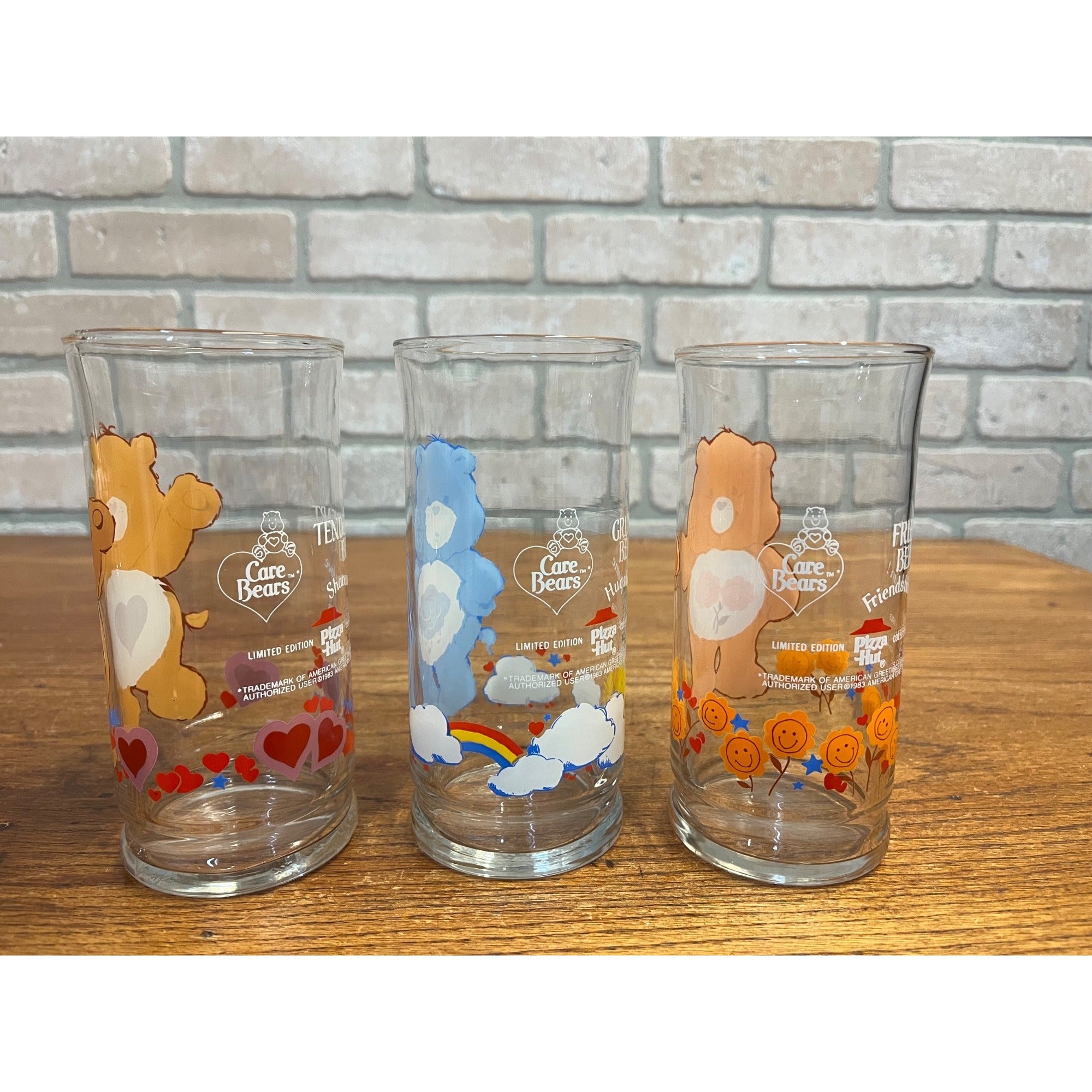 Vintage Care Bears Pizza Hut Glasses Set of 3 Tenderheart Grumpy Friend Bear 1983