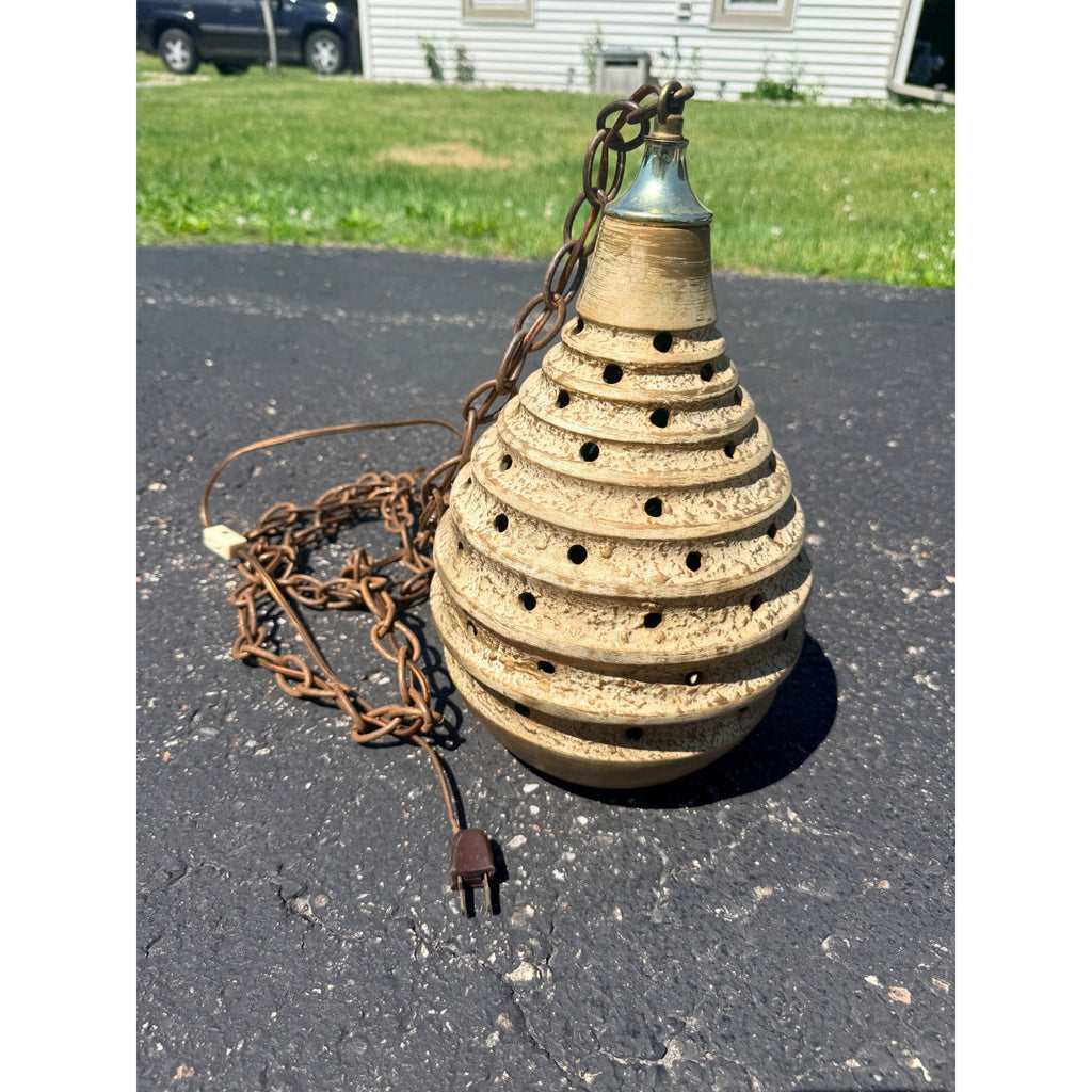 Vintage MCM Pottery Ceramic Beehive Hanging Lamp Gold White Mid Century Modern