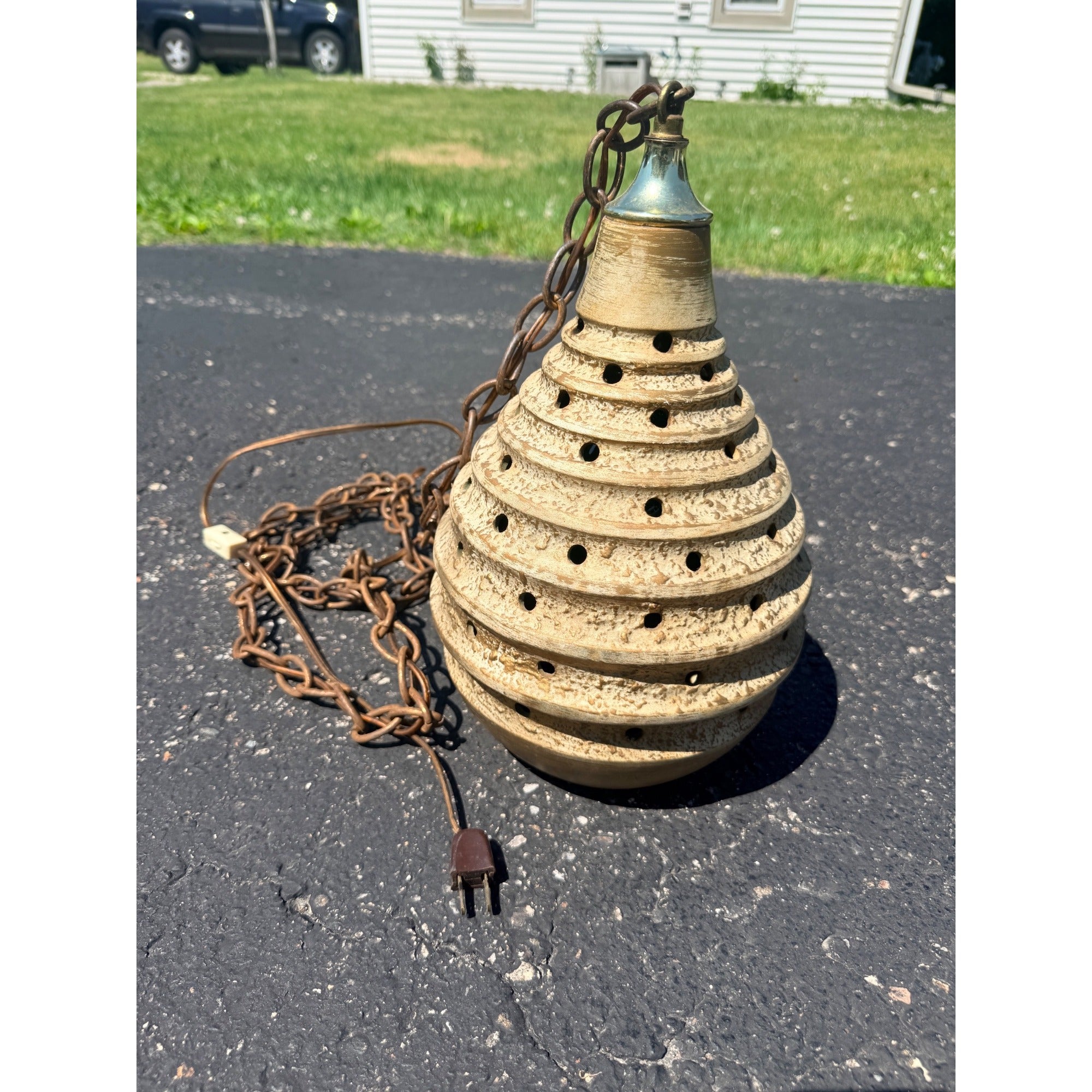 Vintage MCM Pottery Ceramic Beehive Hanging Lamp Gold White Mid Century Modern