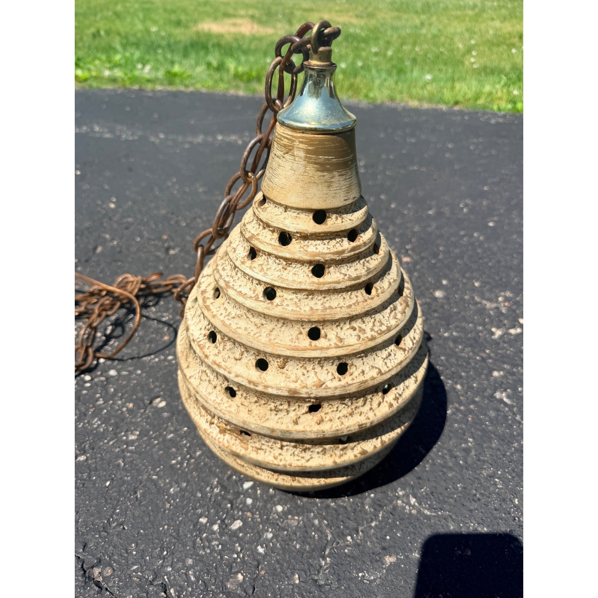 Vintage MCM Pottery Ceramic Beehive Hanging Lamp Gold White Mid Century Modern