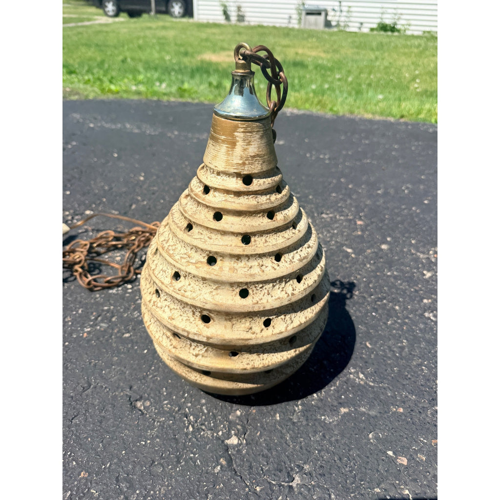 Vintage MCM Pottery Ceramic Beehive Hanging Lamp Gold White Mid Century Modern