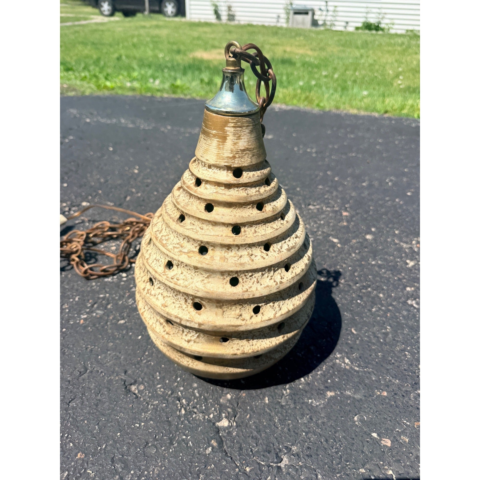 Vintage MCM Pottery Ceramic Beehive Hanging Lamp Gold White Mid Century Modern