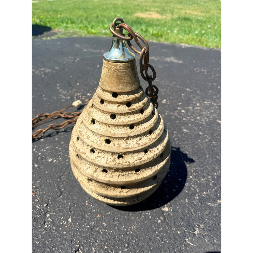 Vintage MCM Pottery Ceramic Beehive Hanging Lamp Gold White Mid Century Modern
